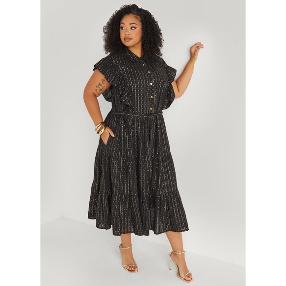 Ashley Stewart Metallic Print Midaxi Dress in Black/Gold - Size 18/20 - Picture 1 of 9